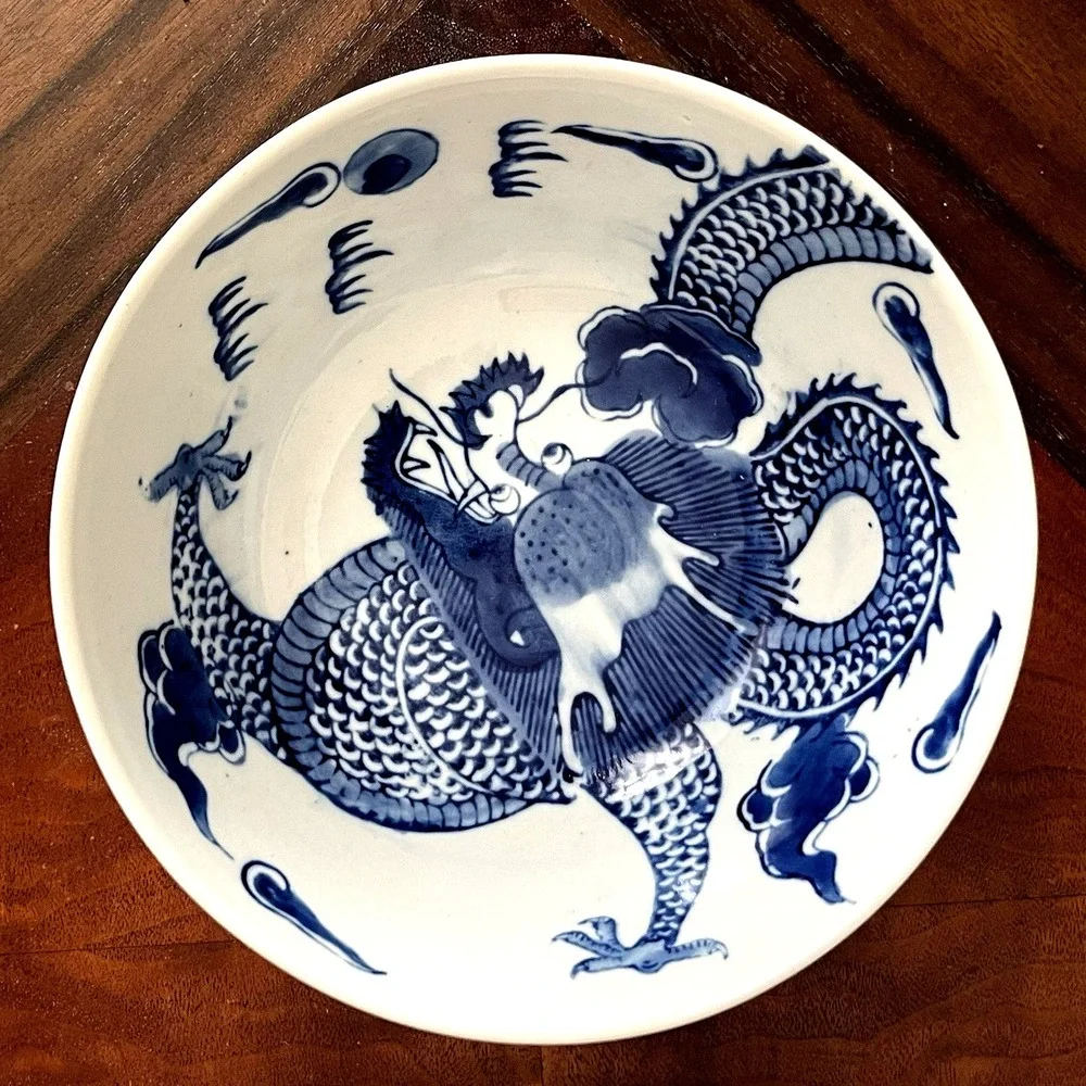 Vtg Chinese Blue & White Porcelain Dragon Bowl w/ Bottom Markings